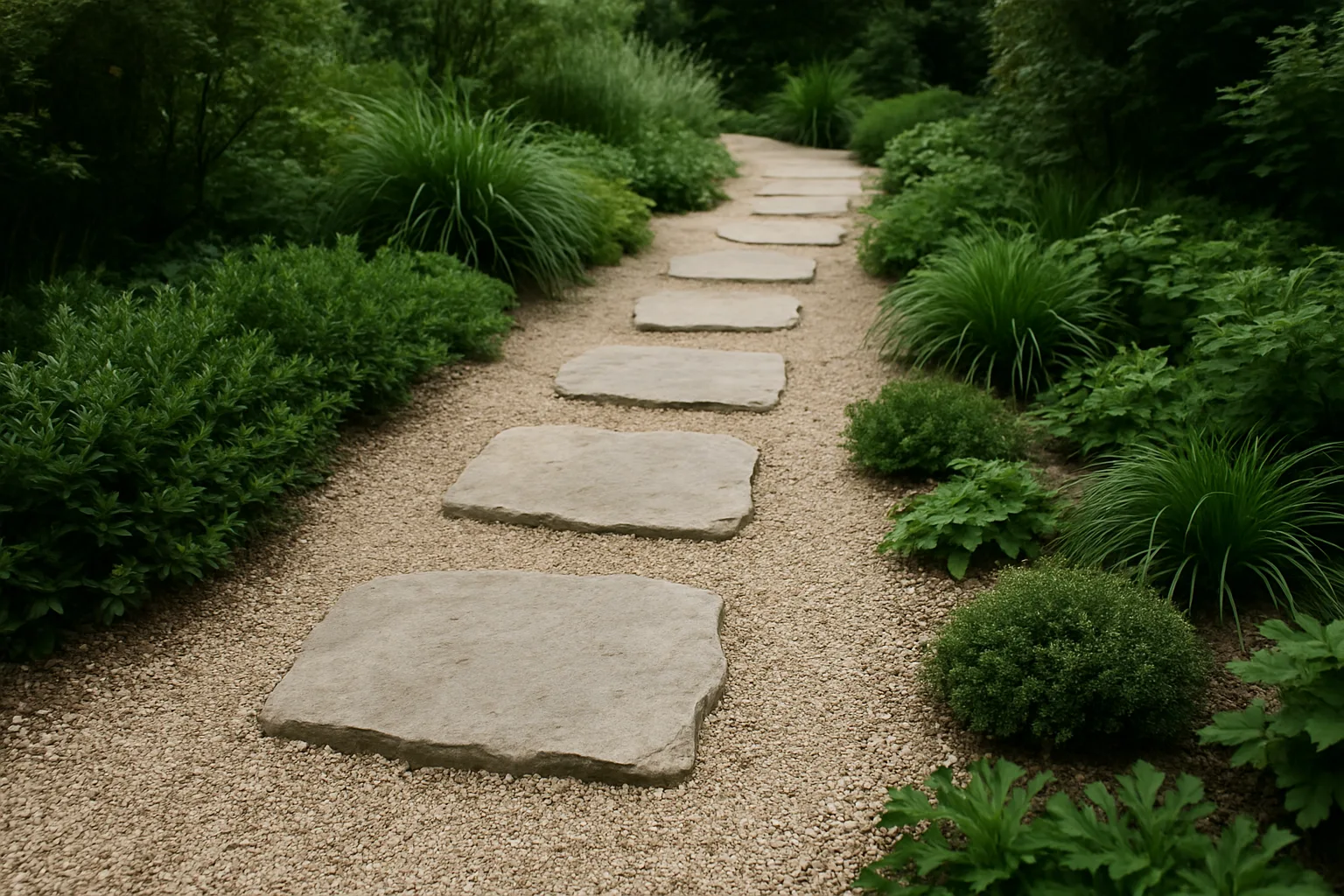Allée de jardin en gravier ponctuée de dalles de pierre, bordée de végétation.
