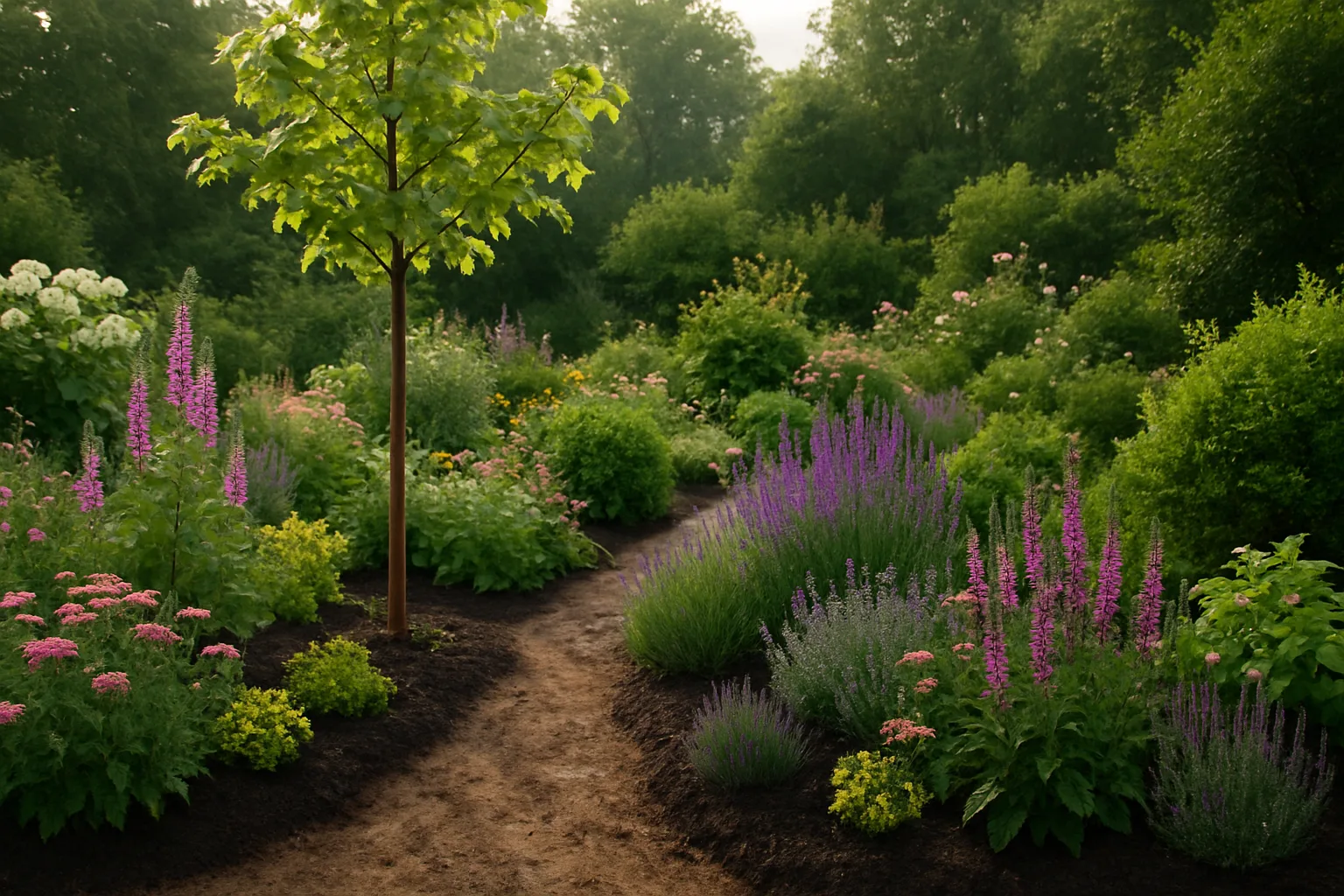Massif de jardin paillé avec de jeunes arbustes et des vivaces sur une terre argileuse.