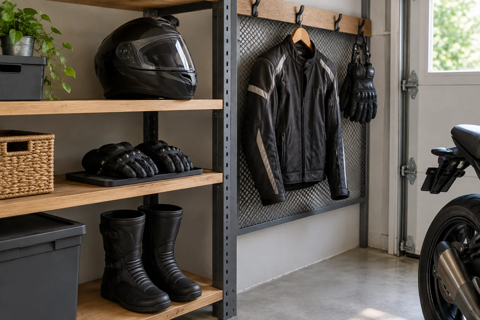 Équipement moto rangé sur une étagère stable dans un garage sec et ventilé.