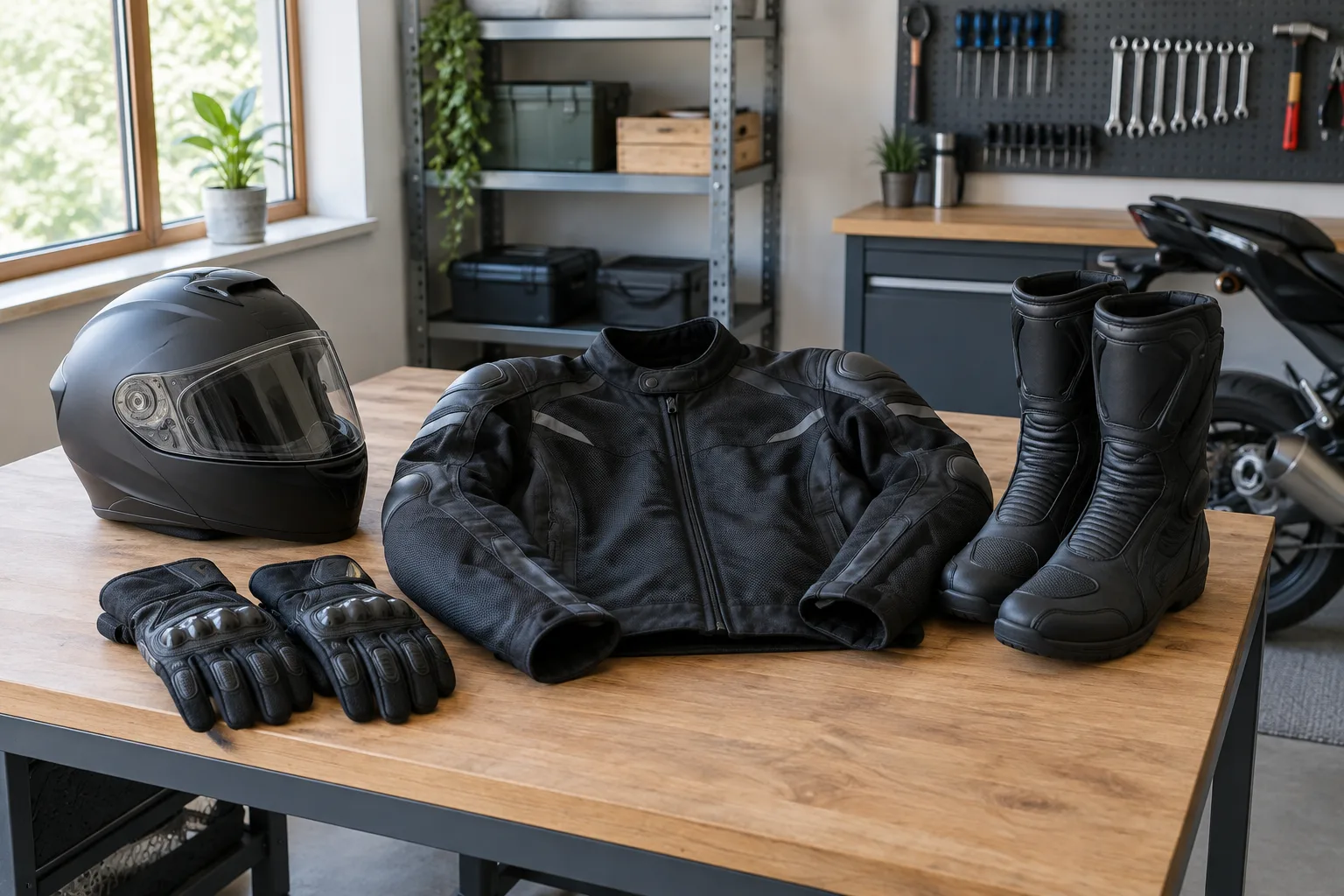 Casque, veste, gants et bottes de moto rangés sur un établi dans un garage.