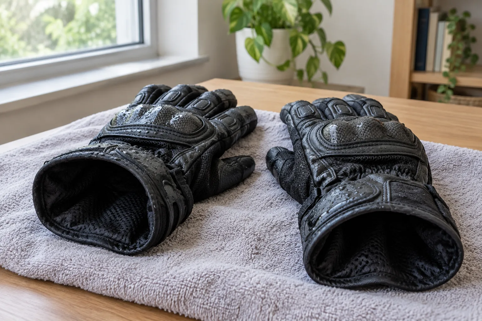 Des gants de moto ouverts sèchent à l’air libre sur une serviette, loin d’une source de chaleur.