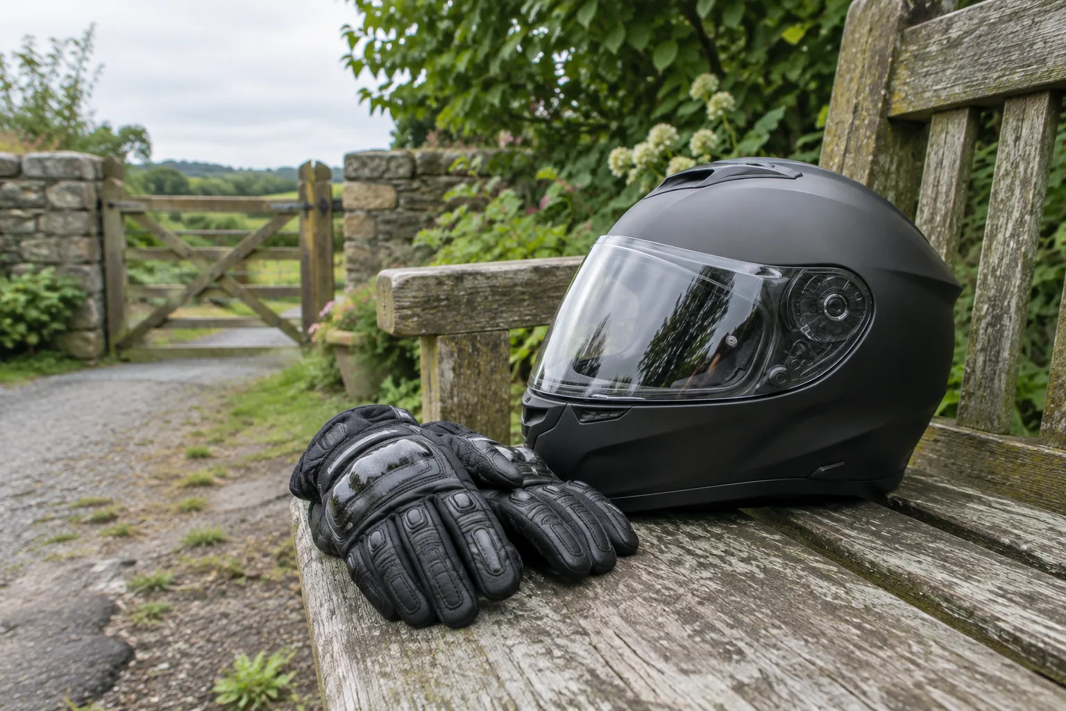 Une paire de gants de moto posée près d’un casque à l’entrée d’un jardin.