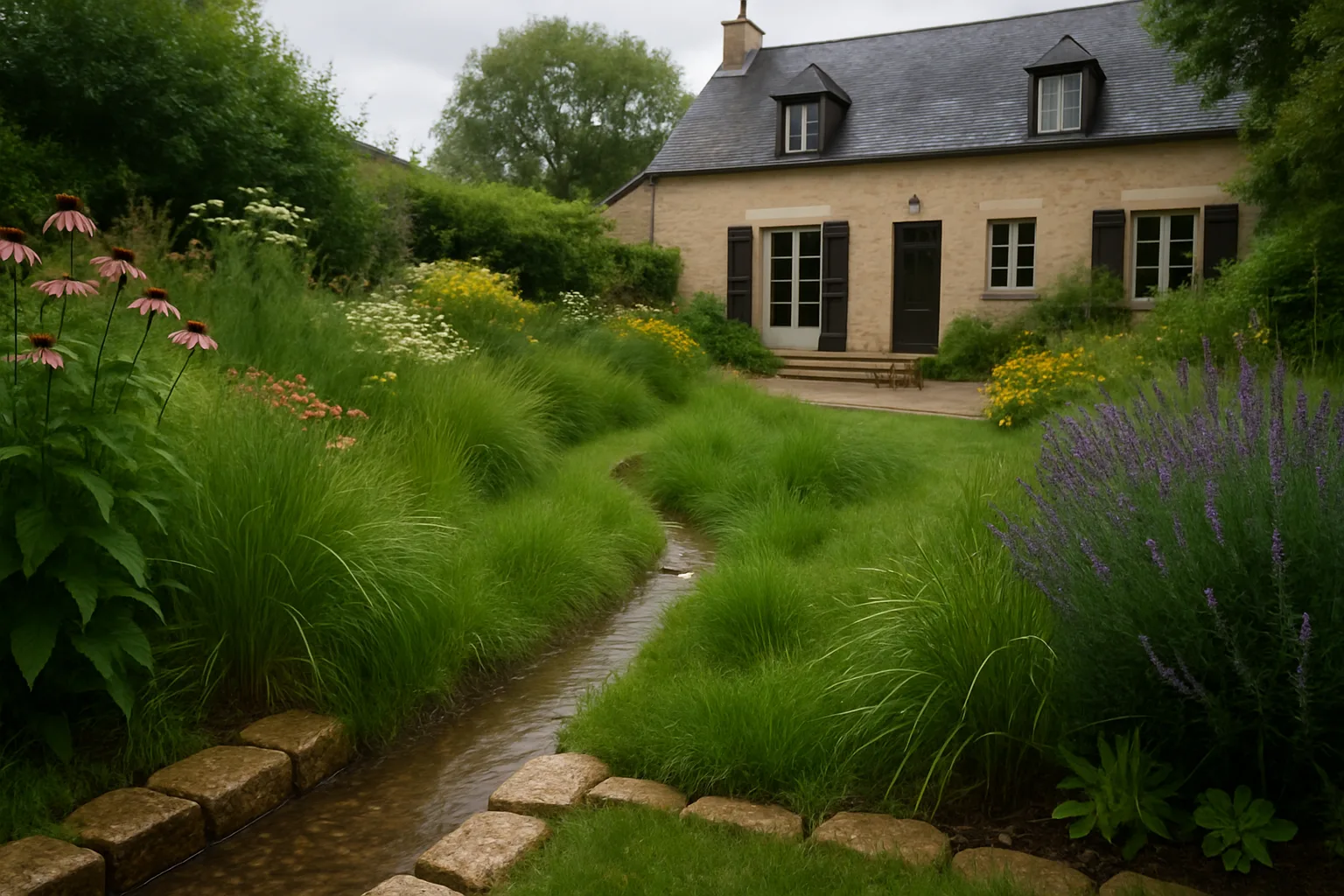 Noue peu profonde plantée de graminées et de vivaces dans un jardin après la pluie.