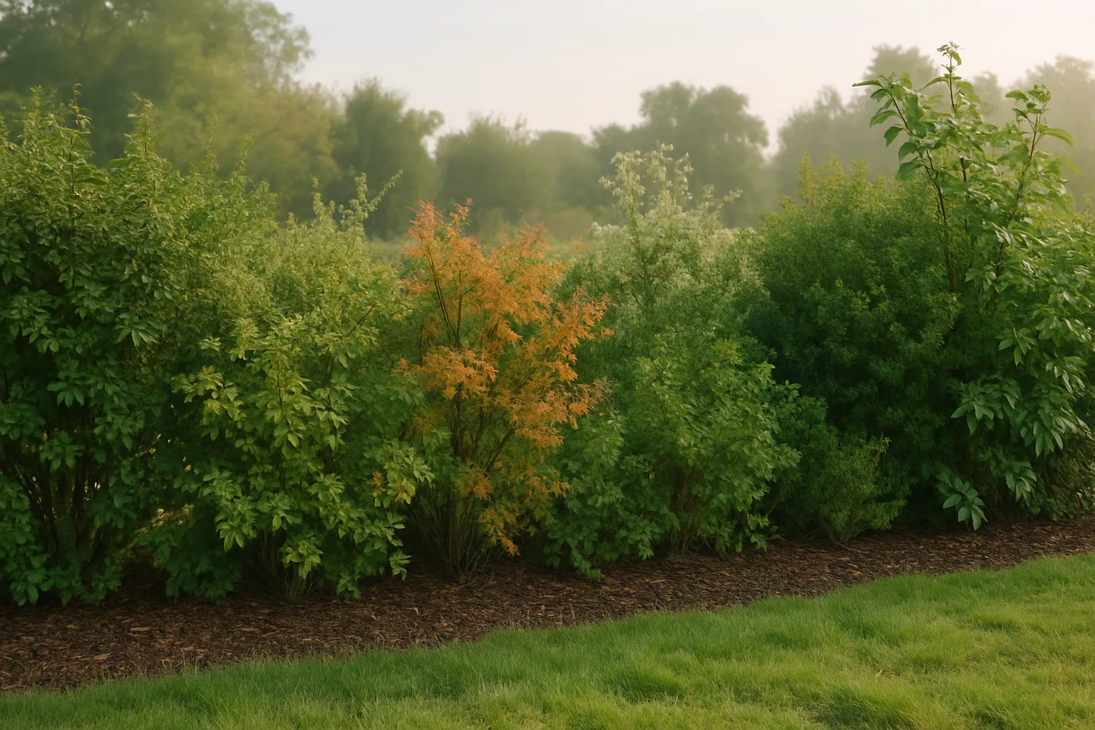 Haie diversifiée composée de plusieurs arbustes dans un jardin, avec un paillage au pied des plants.